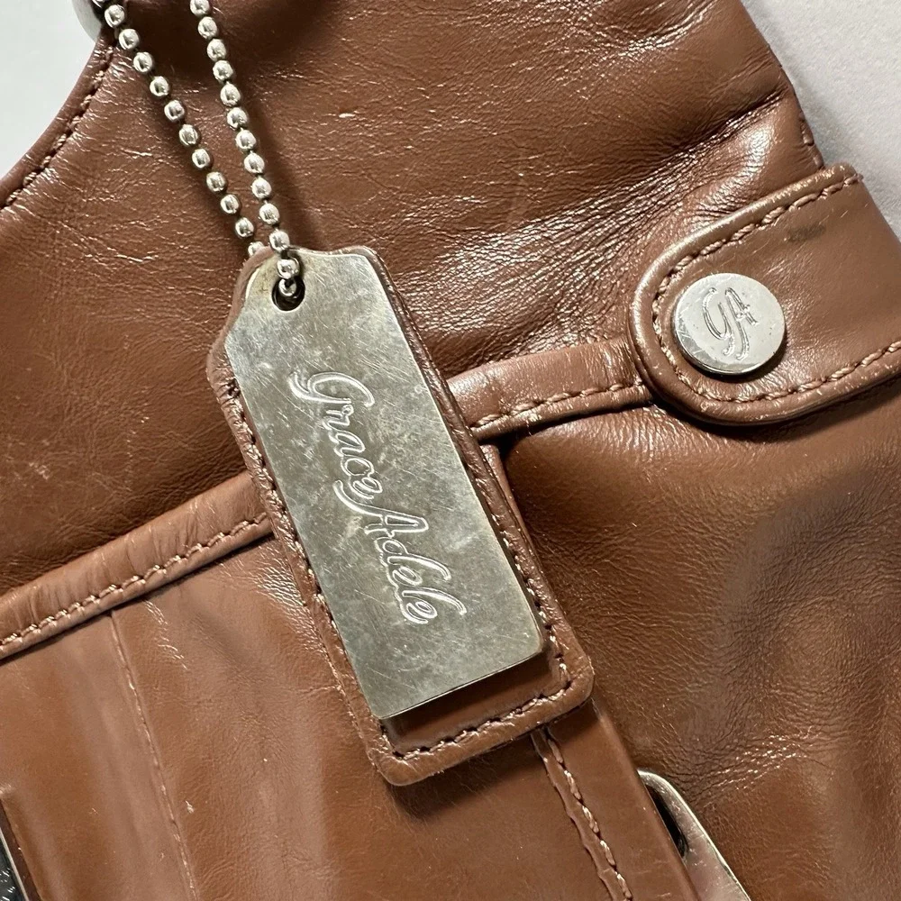 Grace Adele Leather Shoulder Hobo Bag‎ Brown Medium Size Silver Hardware